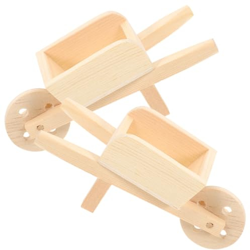 LRXIYODE 2pcs Miniature Wooden Wheelbarrow Models for Dollhouse Décor, Natural Color Mini Cart Barrows Set, Miniature Garden Accessory for Dollhouse Display