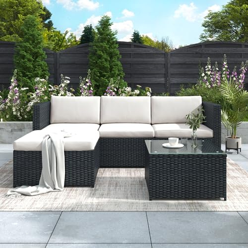 Salon de Jardin Exterieur en Rotin, Table de Jardin Exterieur avec Chaise, Canapé de Salon d'angle 4 Places Éléments Librement Combinables, avec Coussins et Table en Verre, pour Terrasse Balcon, Noir
