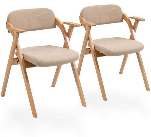SEEDWAVE Klappbarer Esszimmerstuhl 2er Set mit Armlehne – Abnehmbarer Leinenbezug – Massivholz Buche Beine – Gepolsterter Küchenstuhl – Platzsparend & Stabil (Khaki)