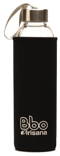 Irisana - Botella de Agua - 550 ml - Negro - 7,5 x 7,5 x 24 cm - Garrafa Deportiva para el Gimnasio - Borosilicato y Funda de Neopreno - Colección Bbo