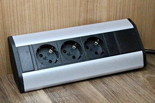 Enchufe de esquina premium 3 x Schuko para cocina, oficina de aluminio. Enchufe múltiple con cable Schuko de 1,8 m también como enchufe para muebles. Regleta ideal para encimeras como enchufe de