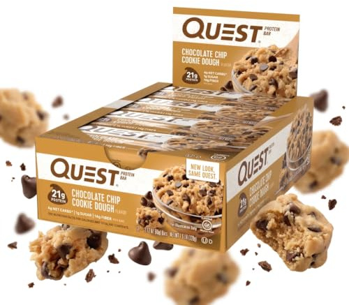 Quest Nutrition Chocolate Chip Cookie Dough Flavour Protein Bar, Gluten free, Vegetarian friendly, Low Sugar, Keto Friendly, 12-Count 102073