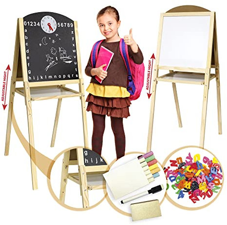 Leomark Kindertafel aus Holz - XXL - Schreibtafel mit Zubehör 104, Maltafel für Kinder mit Uhr, Kreidetafel Magnetisch Zweiseitige, Höhenverstellung, Höhe: 109 cm