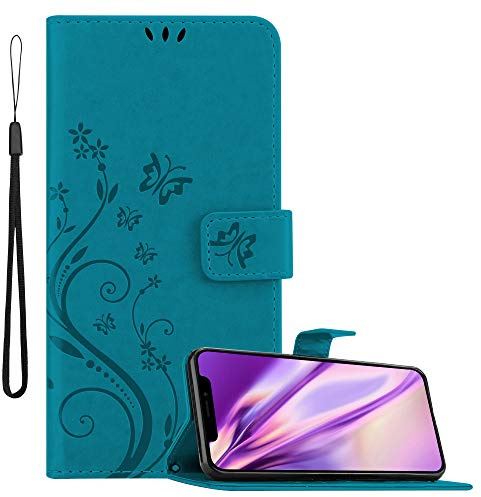 Cadorabo Hülle kompatibel mit Apple iPhone XS MAX Blumen Design aus Kunst Leder Flip Klappbare Stoßfeste Magnetische [Standfunktion] [Kartenfächern] Cover Hülle für iPhone XS MAX Tasche in Blau