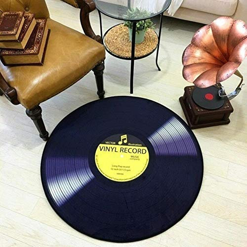 LIMMC 2019 Retro CD Teppich Matte Antik Sofa Stuhl Kissen Seitenteppich Rutschfest Kurze Samtmatte Vinyl Schallplatten Modell Tür Dekor Teppich, 3D Schallplatte gelb, Durchmesser 100 cm