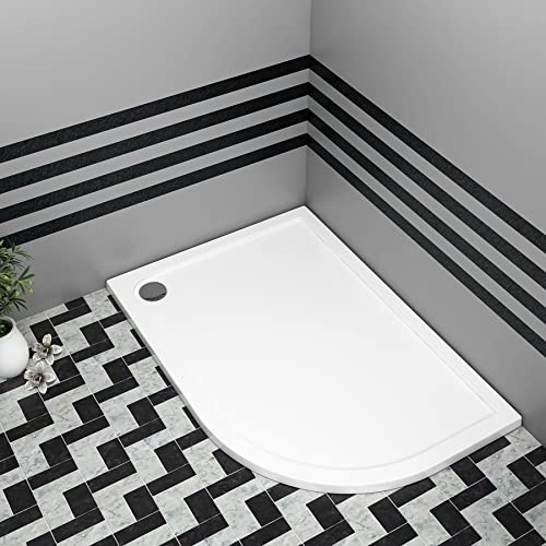 Bathroom 900 x 760mm Shower Tray Gloss White Slimline 40mm Stone Resin Right Handed Offset Base with Free Waste Trap Kit