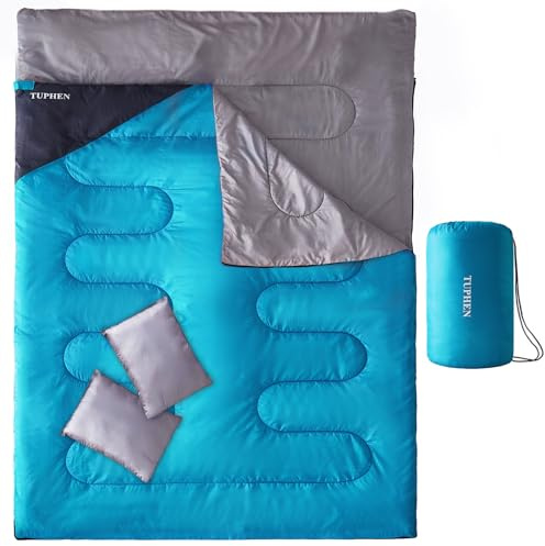 Tuphen Doppelschlafsack, Schlafsack mit 2 Kissen, Queen Size XL Tasche für 2 Personen, kaltes warmes Wetter- 3 Jahreszeiten, wasserdicht Erwachsene Schlafsack für Camping, Backpacking oder Wandern