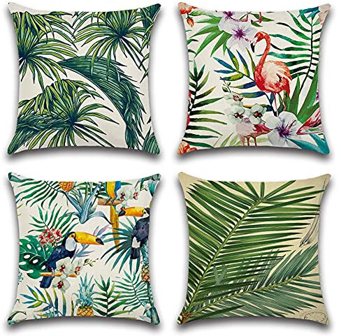 JOTOM wasserdichte Kissenbezüge Dekorativ Wasserfest Kissenhülle Sofa Deko Kissen Kissenbezug für Sofa Zimmer Balkon Terrasse Patio Garten Outdoor Außen (Flamingo und Tropische Pflanzen)