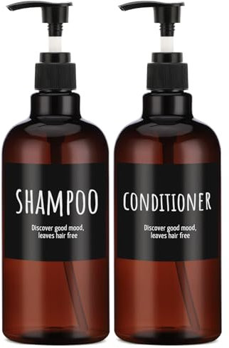 Flacon Distributeur de shampoing 500 ML, Segbeauty 2 pcs Marron Bouteilles de shampoing pour la Douche avec étiquettes, Bouteille de Lotion de Savon en Plastique à Pompe Rechargeable Vide de 16,9 oz