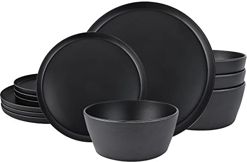 afcevnlb Service de table 12 pièces en plastique incassable pour 4 assiettes et bols en mélamine noir mat - Passe au lave-vaisselle