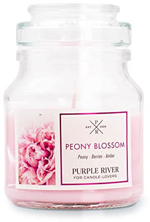 Purple River kleine Duftkerze im Glas mit Deckel | Peony Blossom | Duftkerze Rose | Sojawachskerze | Raumduft für Zuhause | Geschenke für Frauen