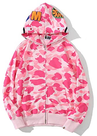 Yumenam Uomo Felpa con Cappuccio Stampa Testa di Squalo Cerniera Giacca con Cappuccio Cardigan Manica Lunga Hip Hop Tops Sweatshirt Camouflage Cappotto con Cappuccio