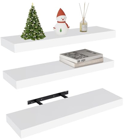 Vervida Lot de 3 étagères murales flottantes en bois rustique de 61 cm avec supports invisibles pour décoration et rangement, étagère flottante pour salon, salle de bain (blanc)