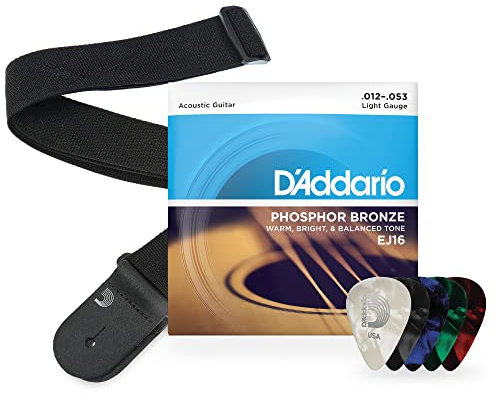 D'Addario Kit de Cuerdas Phosphor Bronze 12-53 Calibre Fino, 10 Púas Surtidas de Celuloide de Grosor Medio y Correa de Polipropileno Negra para Guitarra Acústica