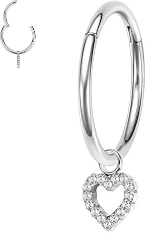 Septum Clicker Ring 8mm 16G Septum Schmuck Nasenringe Chirurgischer Edelstahl Helix Ohrringe Knorpel Hoop Tragus Rook Lobe Piercing Schmuck Dangle Ring für Frauen Männer Hallow Heart CZ Anhänger