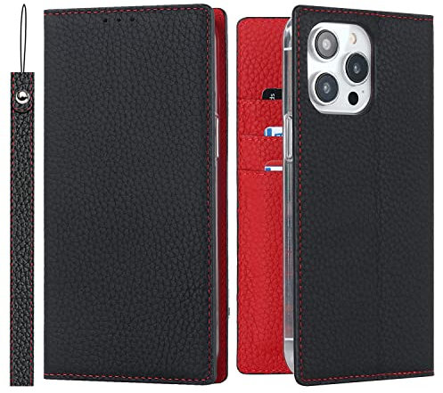 Cavor Phone Case Compatible for iPhone 14 Pro Max,Genuine Leather Flip Wallet Case,[3 Card Holders][Magnetic Closure][RFID-Blocking][Lanyard],Protective Case Cover for iPhone 14 Pro Max - Black