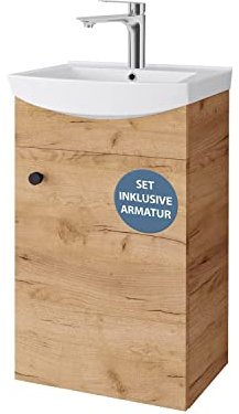 Planetmöbel Badmöbel Set Waschtisch mit Unterschrank 45 x 60 x 33 cm mit Waschtischarmatur Chrom für Badezimmer, Gäste WC & Bad, Gold Eiche