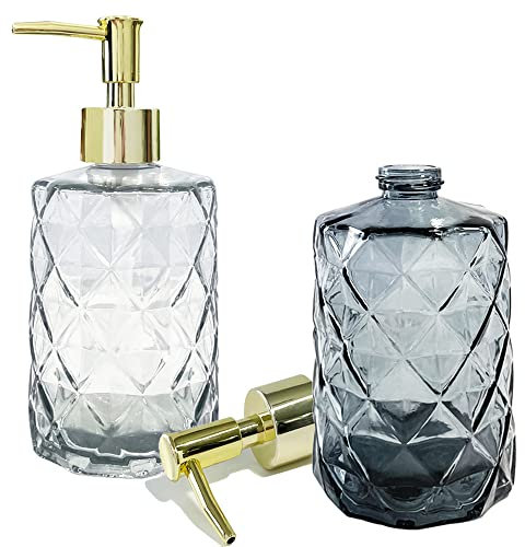 VAKOWOO 2 Pack Soap Dispenser with Pump, Hand Soap Dispensers, 14 Oz Refillable Glass Liquid Lotion Jar Dispenser, Kitchen Dish Soap Container Glass Bottle with Pump for Bathroom, Laundry Room