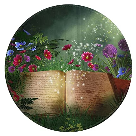 Fantasy Woods Mauspad mit Gras und Blumen, Pilzdruck, rund, 20,3 cm, rutschfeste Gummiunterseite, kleines Mauspad