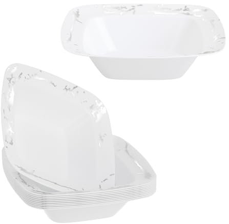 Euro Disposables Pack of 10 Square Party Bowls - 5oz Hard Plastic, White and Silver Marble Design - 150ml - Great for Weddings, Picnics, Parties, and Events