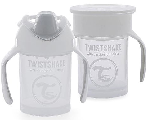 Twistshake Tazas Antiderrame Para Bebés - Juego De 2 | 1x Taza 360 + 1x Taza Mini | Biberón De Aprendizaje A Prueba De Fugas | Sin BPA | Biberón De Entrenamiento Para Niños | Blanco