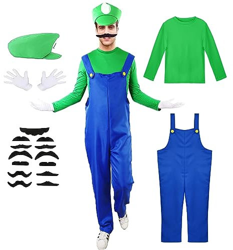 Vermeyen Super Brothers Kostüme für Erwachsene Klempner Outfit mit Hut Schnurrbart Handschuhe Zubehör Halloween Cosplay Kostüm für Erwachsene
