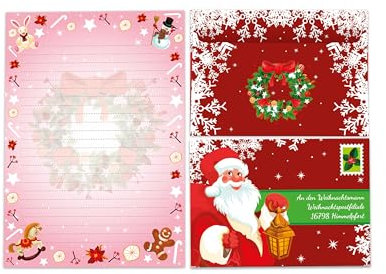 Briefpapier-Set A5 rosa Schreibblock liniert mit Umschlag Weihnachten Wichtelgeschenk für Kinder (1 Block A5 mit 25 Blättern + 15 bunt bedruckte Kuverts An den Weihnachtsmann)