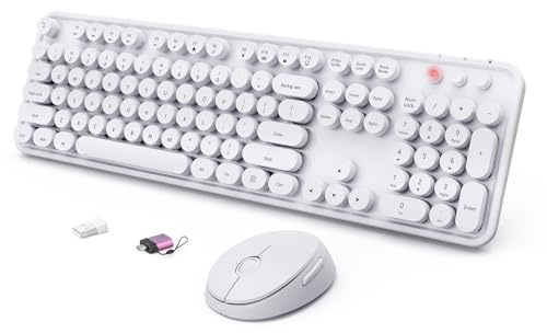 Wireless Keyboard and Mouse Combo, Ergonomic Full Size Typewriter Retro Round Keycaps Keyboard, Compatible with Windows, PC, Perfer for Home and Office Keyboards（White）