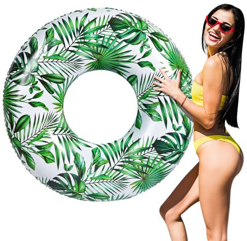 MoKo Schwimmringe Erwachsene, Aufblasbar Schwimmreifen Wasserspielring, Groß 107 cm Schwimmring Luftmatratze Pool Spielzeug Wasserspielzeug für Strand Schwimmbad Draußen Sommer, Weiß & Grünes Blatt
