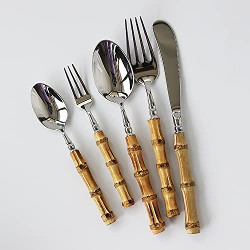 Juego de cubiertos de bambú para 12, 60 piezas de acero inoxidable 18/8 con mango de bambú natural, juegos de vajilla de utensilios de bambú para cocina doméstica, hechos a mano, aptos para lavavajil