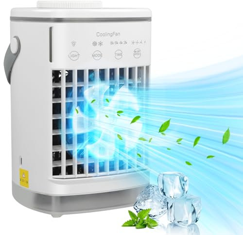 Mini ventilador portátil de aire, aire acondicionado móvil 4 en 1, ventilador de refrigeración de aire y humidificador, aire acondicionado para oficina, enfriador evaporativo personal, enfriador de