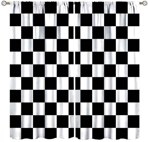 Black White Plaid Curtains Geometric Checkered Flag Racing Race Car Line Pattern Curtain with Rod Pocket for Bedroom Living Room Decor Drapes Window Treatments 2 Panels Set 42x45 Inch