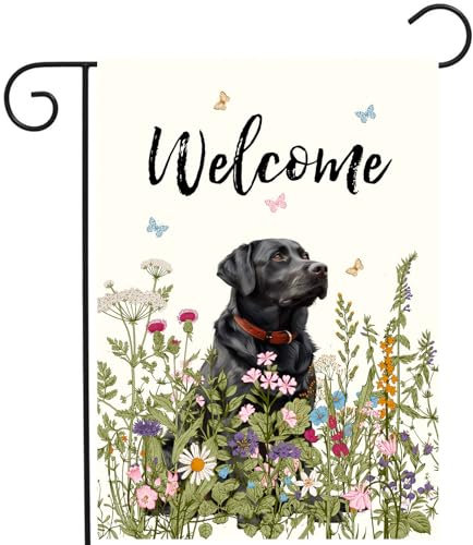Gartenflagge für Frühling, Sommer, Blumenmuster, schwarz, Labor, Hof, Blume, Labrador, Hund, Gartenflaggen für draußen, kleine Outdoor-Flaggen, 30,5 x 45,7 cm, doppelseitig