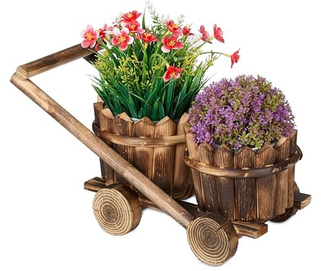 Relaxdays Carro Jardinera con 2 Macetas, Carrito para Plantar Flores, 19 x 17,5 x 37 cm, Macetero de Madera, Marrón