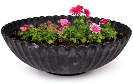 matches21 Outdoor Plant Bowl - 22 cm Decorative Black Ribbed Flower Pot - Round Garden Bowl