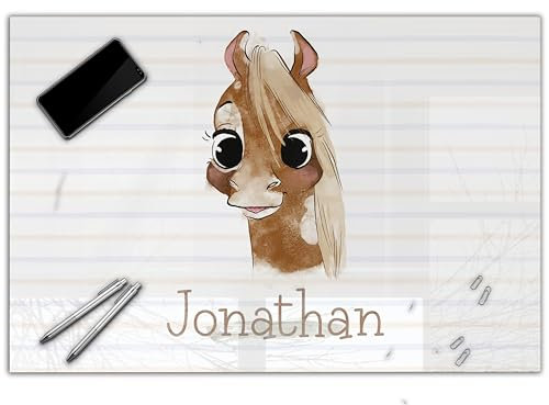 Schreibtischunterlage personalisiert mit Namen | wasserfeste Schreibunterlage, abwischbar, glatt | stabiles, hochwertiges Acrylglas, Kinder Kunststoff Tiere | 60x40cm 49- Pferd