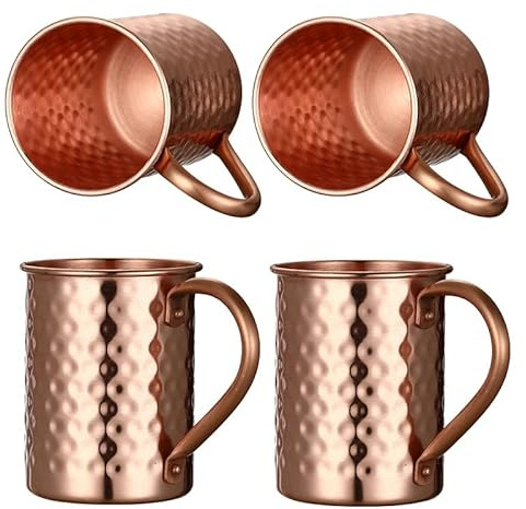 Moscow Mule Pure Copper Mugs - Set of 4 - Handmade of 100% Pure Copper -Hammered Finish-Riveted Handle