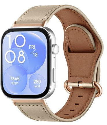 MiRowy Leder Armband für Huawei Watch Fit 4 Pro/4/3, Metallschnalle Atmungsaktiv Uhrenarmband, Lederband Ersatzbänder für Huawei Watch Fit 4 Pro/4/3 - Cremefarben