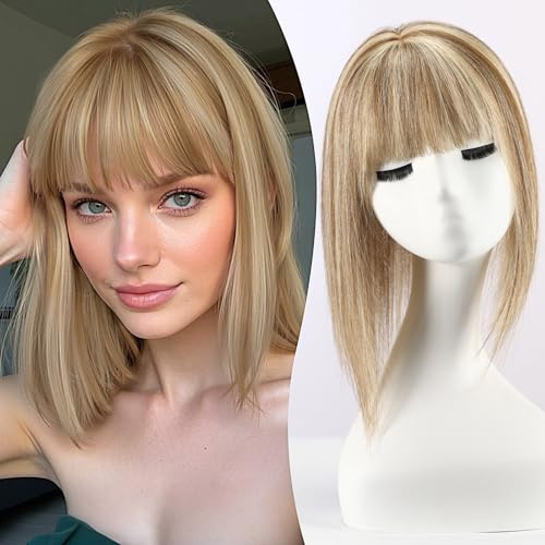 EMMOR Topper Haarteil mit Pony Naturhaar Echthaar für Frauen bei dünnerem Haar 30cm Skin Scalp 13x15cm Große Basis Volumen für Haarausfall Top Hairpieces Wiglets Topper(Blond gemischt mit mittelbraun)