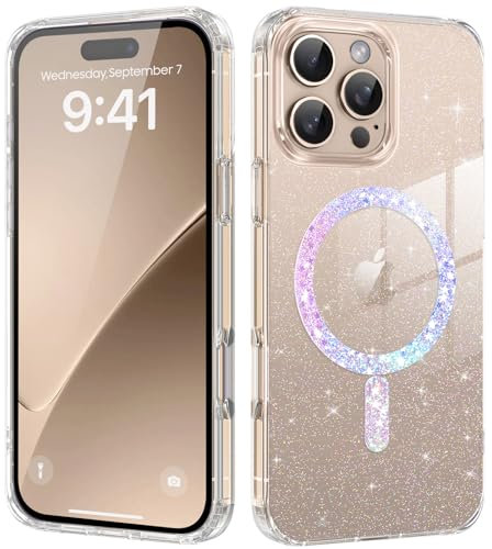 DUEDUE for iPhone 16 Pro Max Case Clear, Magnetic [Compatible with MagSafe] Military-Grade Shockproof Protection, Glitter Bling Sparkle Slim Transparent Back Case for iPhone 16 Pro Max 6.9, Clear