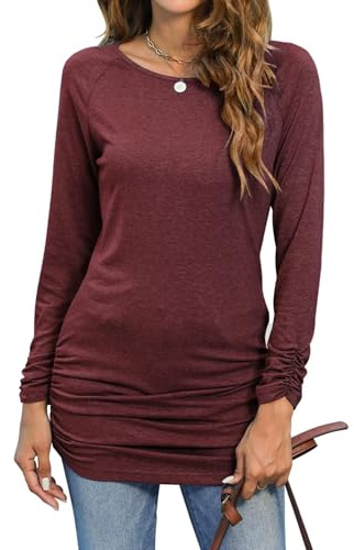 Hount Damen Basic Casual Langarmshirt Slim Fit Longshirt Oberteile Stretch Pullover Langarm Tunika Top mit Gummizug