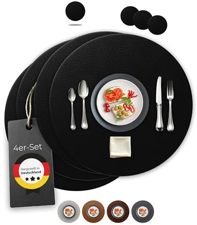 Lederfabrik Garnier® Tischsets Abwaschbar 4er-Set – Nachhaltig, Stabil & rutschfest – Edles recyceltes Leder, Made in Germany (Rund, Schwarz)