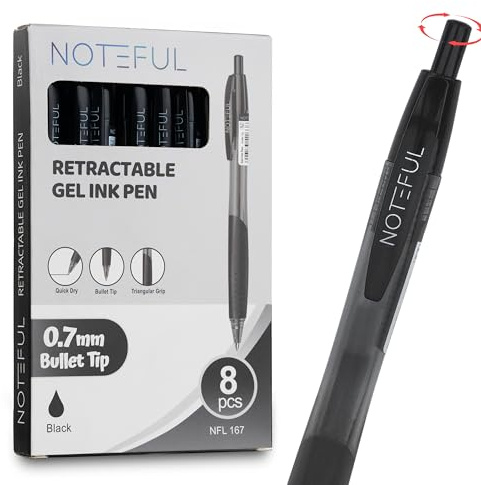 NOTEFUL Retractable Tri Grip Gel Pen For Journaling, Smooth Writing, Black Gel Ink Medium Point Pens (0.7 mm), Pack of 8