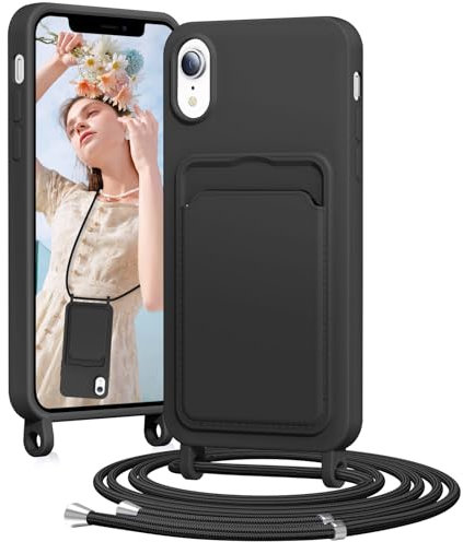 BENTIACC Handykette Silikon Hülle für iPhone XR mit Band, Handyhülle mit Kartenfach, Abnehmbar Kordel Kette, Stoßfeste Schutzhülle für iPhone XR (Schwarz)