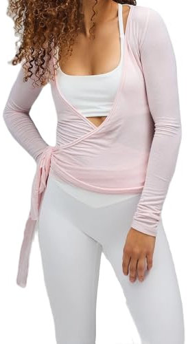 Geagodelia Long Sleeve Wrap Over Tops for Women Front Tie Slim Fitted Deep V-Neck Cross Wrap Around Tops Workout Pilates Ballet Yoga Gym SPORTS TOP (Rose, M)