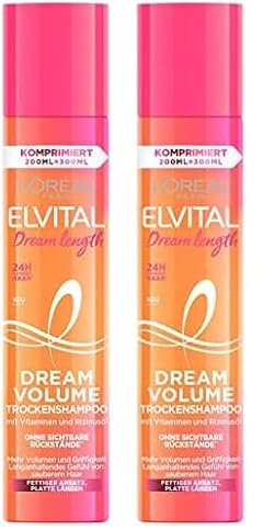 L'Oréal Paris Elvital Trockenshampoo für plattes Haar, 24h Duft, Ohne sichtbare Rückstände, Gegen fettende Ansätze, Mit Vitaminen und Rizinusöl, Dream Volume Dry Shampoo, 1 x 200 ml (Packung mit 2)