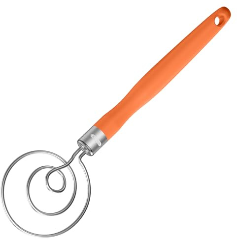 U-Taste Danish Dough Whisk: 18/8 Stainless Steel Hand Sourdough Mixer, Food Grade Bread Dutch Wisk with Non-Slip Silicone Handle for Mixing Stirring Kneading Butter Sauce Mashed Potato (Orange)
