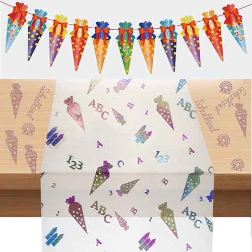 3 Stück Einschulung Schulanfang Deko Set, mit 28cm x 3m Tischdeko, Girlande Hänge Deko und Konfetti, Schultüte Tischdekoration für Schuleinführung, Schulanfang, Einschulung Mädchen und Jungen