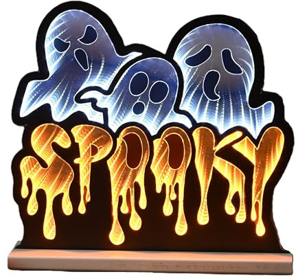 Festive 40cm Infinity Halloween SPOOKY Sign with White Ghosts – LED Light-Up Orange Wall Display with 300 Lights and Timer – Indoor Mains Operated Halloween Decoration