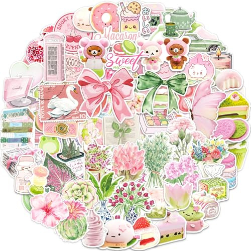 Sticker Aesthetic 100 Stück Coquette Aufkleber in Rosa und Grün, Wasserfest Vinyl Sticker, Cute Stickers für Scrapbook, Journaling, Laptop, Skateboard, Handy, Gitarre, Koffer, Macbook, usw